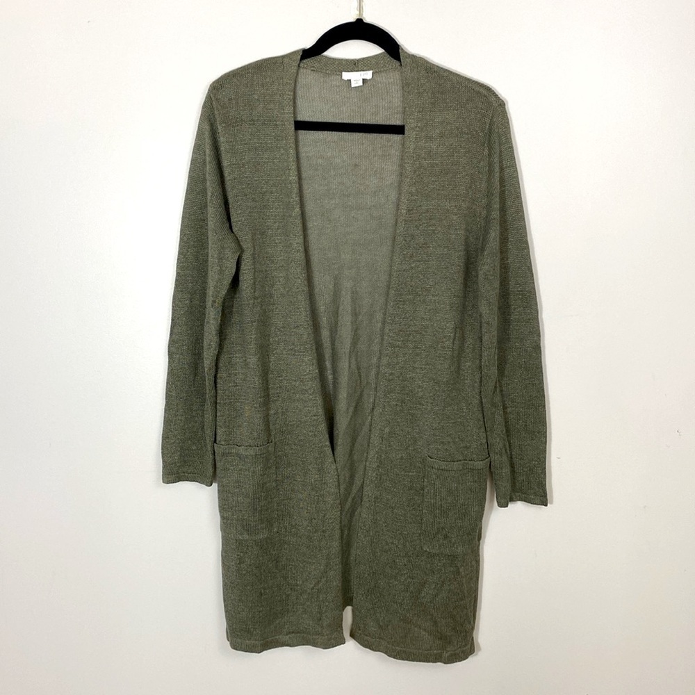 J Jill Olive Green Linen Open Front Duster Cardigan with pockets size Medium